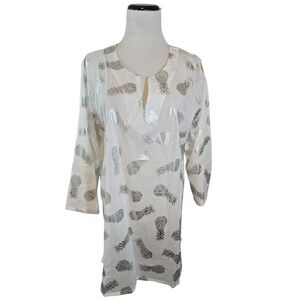 White Waves Silver‎ Metallic Pineapple Cotton Tunic Top White Beach Cover size L